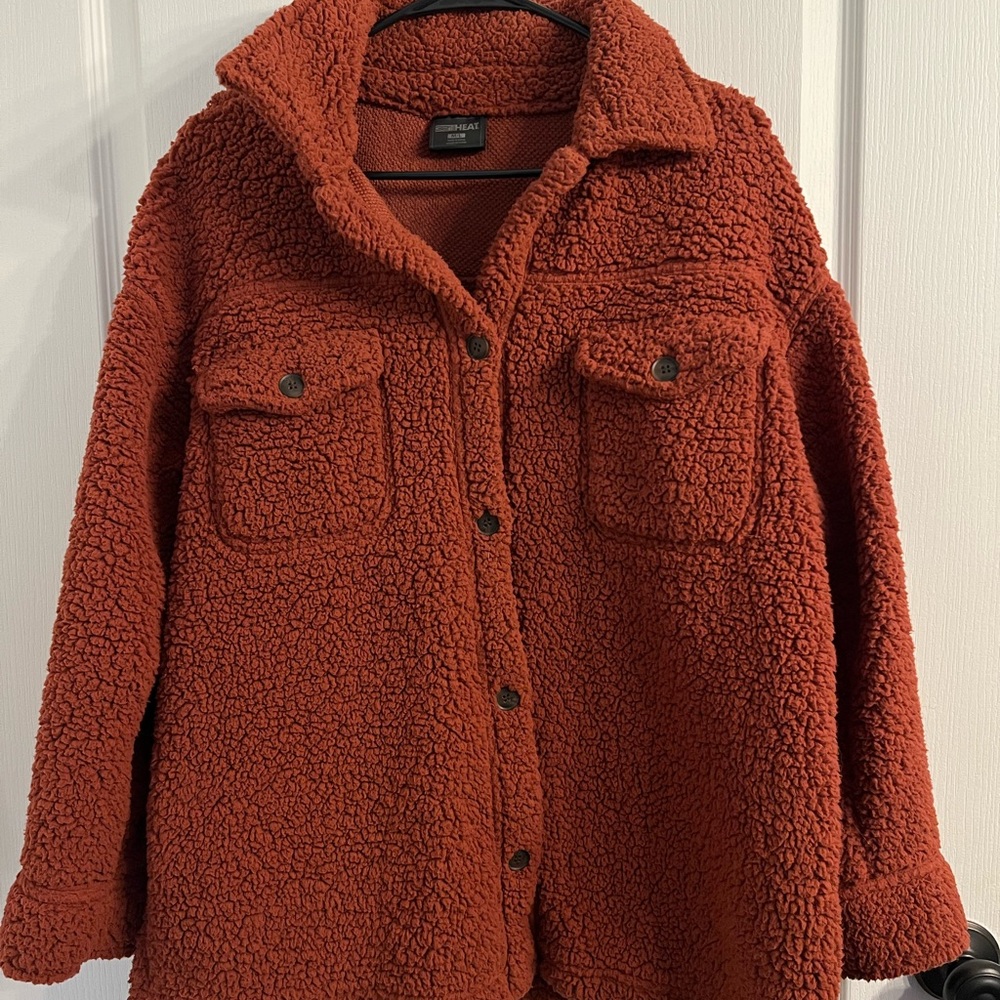 Rust Teddy Jacket with Fleece Texture and Oversized Fit